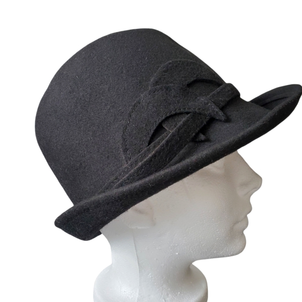 Vintage 80's black felt hat with moon crescents - Art Deco style hat